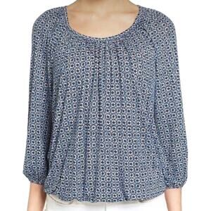 MICHAEL KORS Blue/White Geometic Peasant Blouse Sz M